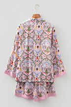 Festive Pink Christmas Holiday Print Nutcracker Long Sleeve Pajama Set with Shorts - 2 Piece Sleepwear