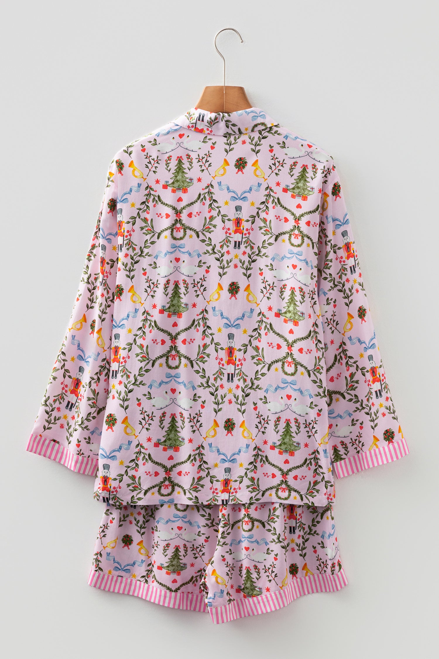 Festive Pink Christmas Holiday Print Nutcracker Long Sleeve Pajama Set with Shorts - 2 Piece Sleepwear