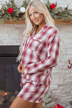 Red Retro Plaid Long Sleeve Shirt Drawstring Shorts 2pcs Lounge Set