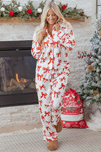 Festive Red Bow Print Long Sleeve 2-Piece Pajama Set for Christmas