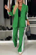 Chic Contrast Lapel Collar Buttoned Top and Pocketed Pants Two-Piece Set - 100% Polyester