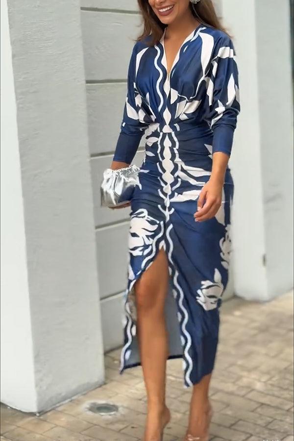 Unique Print Dolman Long Sleeve Ruched Slit Midi Dress for Women - Casual & Vacation Wear