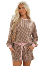 Brown Checkerboard Long Sleeve Pullover and Shorts Set