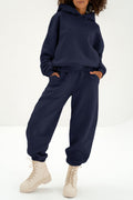 Navy Blue Solid Exposed Seams Hoodie and Joggers Activewear Set