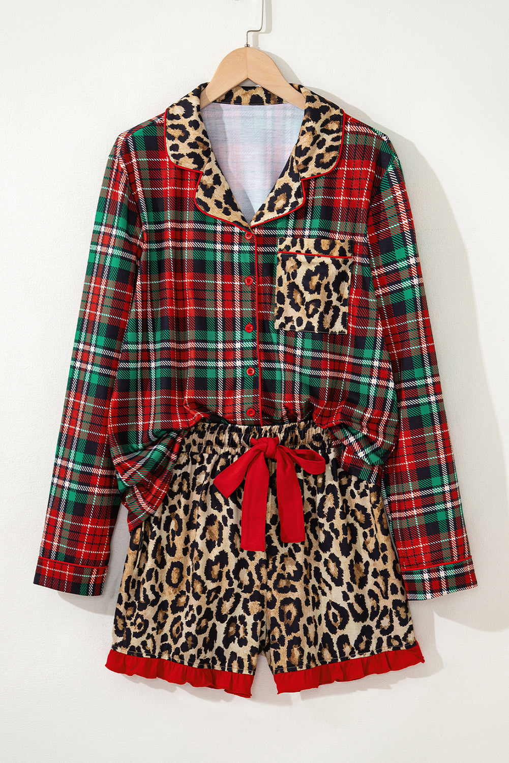 Racing Red Retro Plaid & Leopard Print Patchwork Long Sleeve Pajama Set with Shorts