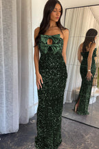 Blackish Green Satin Bow Decor Sequin Strapless Long Party Dress