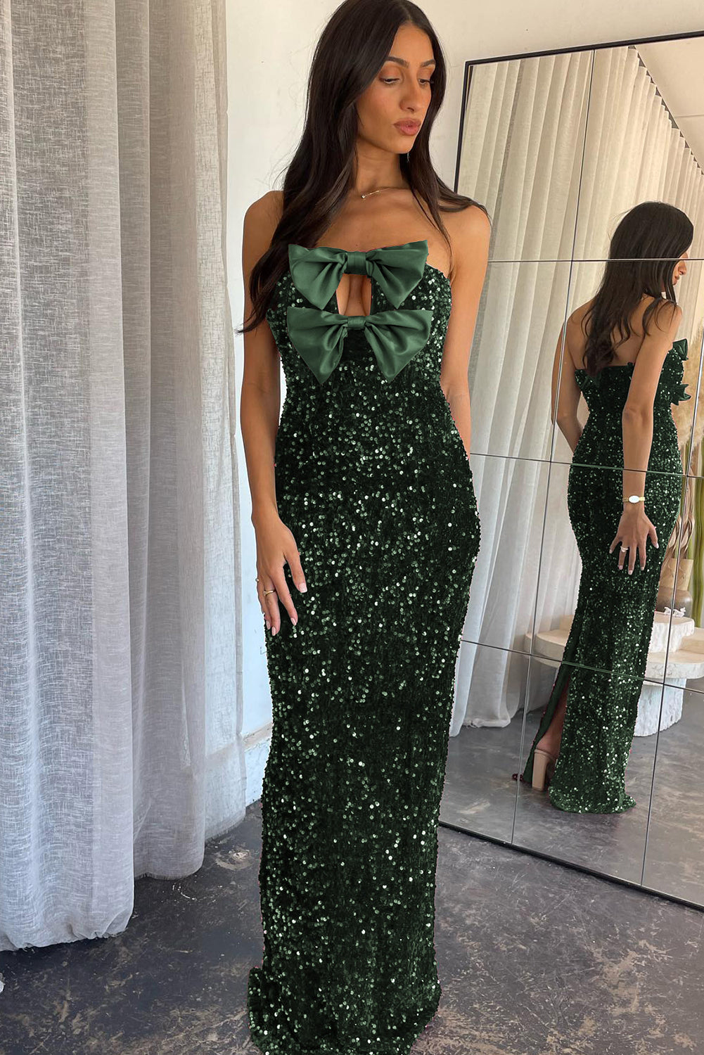 Blackish Green Satin Bow Decor Sequin Strapless Long Party Dress