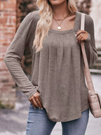 Pleated Square Neck Long Sleeve T-Shirt