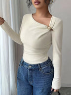 Ribbed Knit Asymmetrical Long Sleeve T-Shirt