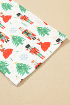 Cozy White Printed Christmas Pattern Button-Up Sleepwear Set - Short Sleeve Top & Loose Pants