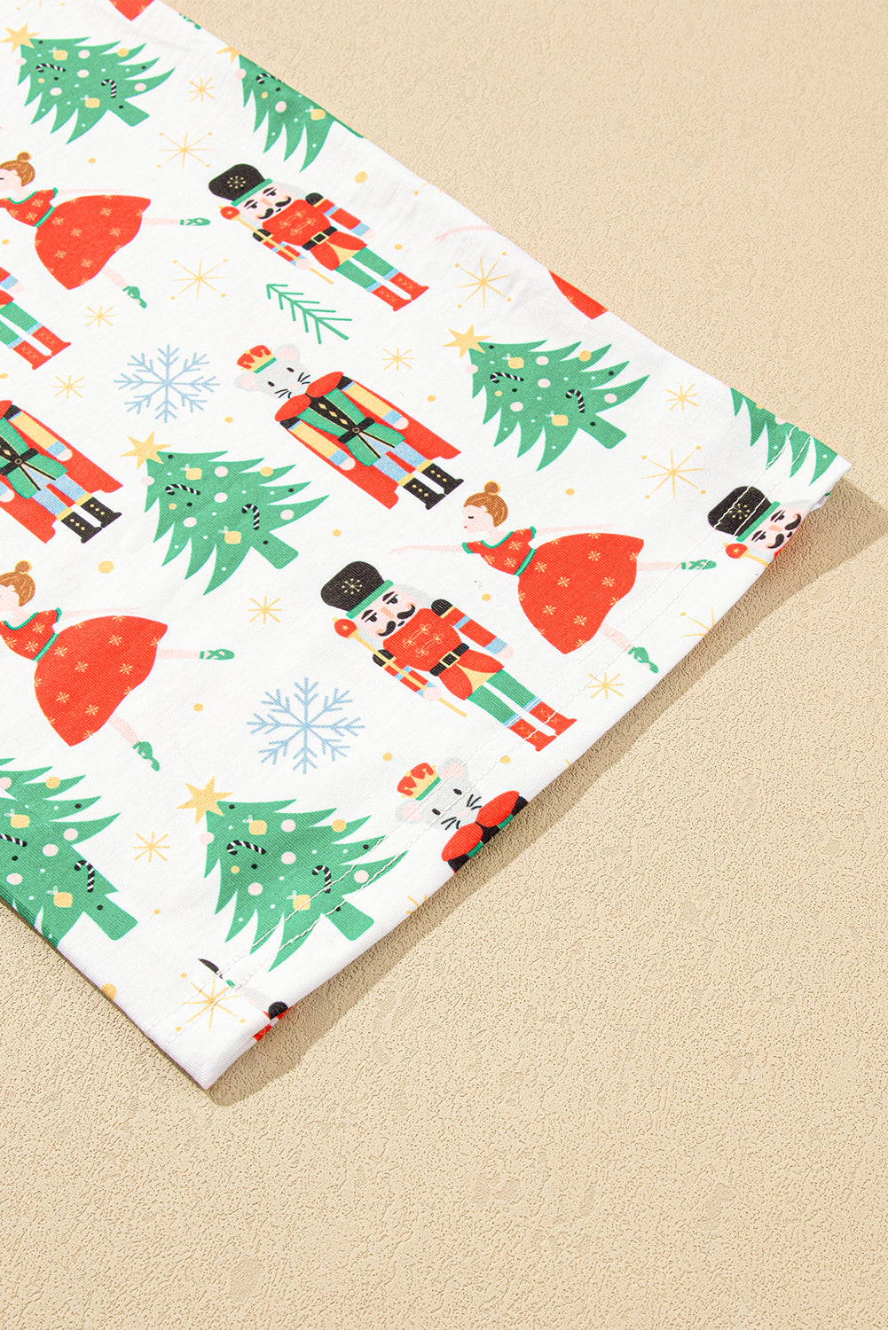 Cozy White Printed Christmas Pattern Button-Up Sleepwear Set - Short Sleeve Top & Loose Pants