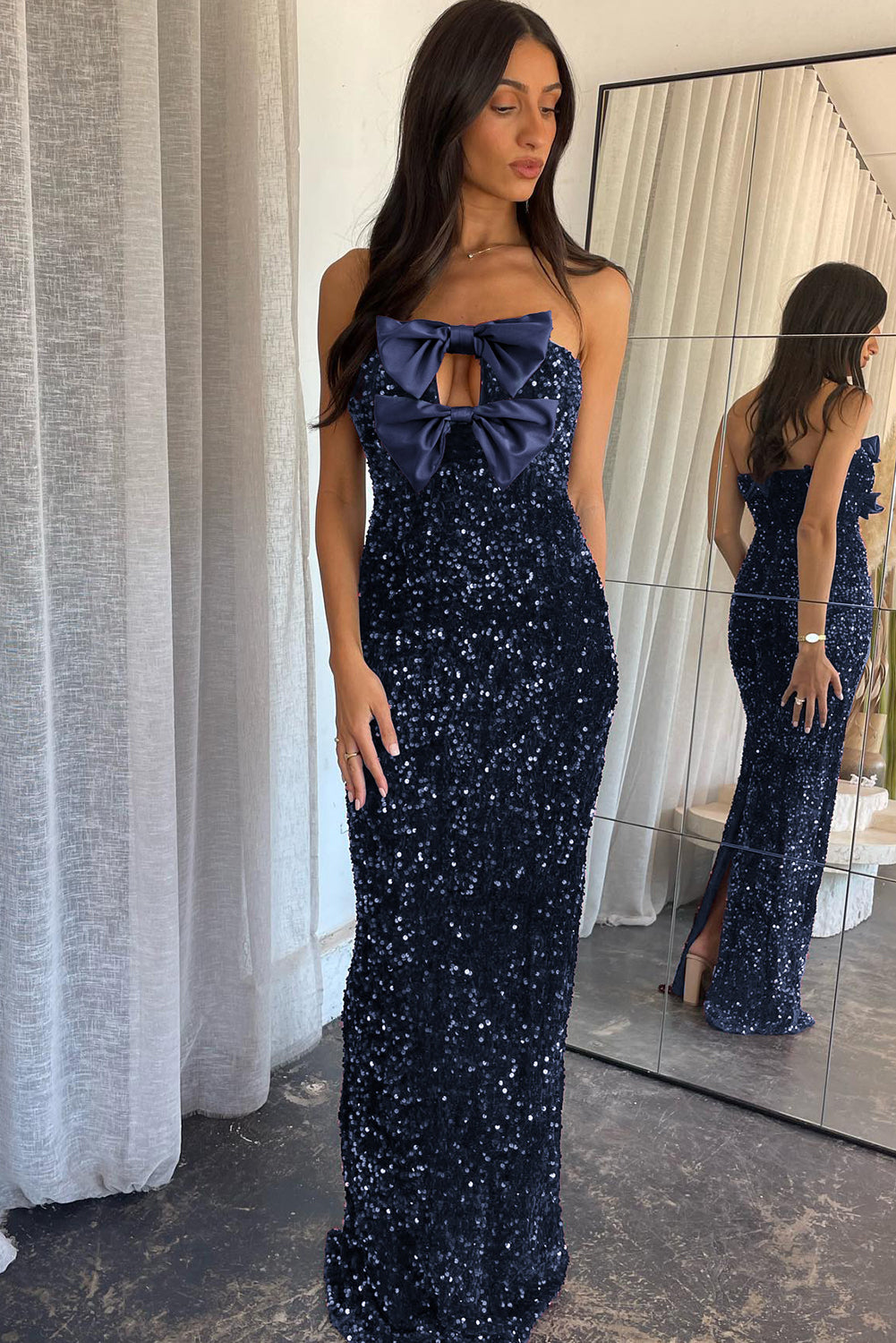 Bluing Satin Bow Decor Sequin Strapless Long Party Dress