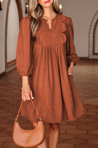 Cinnamon Bracelet Sleeve Split Neck Scallop Detail Pleated Corduroy Mini Dress