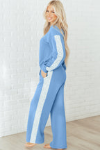 Beau Blue Floral Patchwork Drop Shoulder Pullover & Sweatpants Lounge Set - Cozy & Chic Loungewear