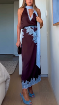 Elegant Women's Brown and Blue Lace Panel Suit Set - Top and Skirt
