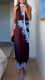 Elegant Women's Brown and Blue Lace Panel Suit Set - Top and Skirt