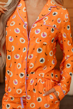 Orange Halloween Print Lapel Shirt Long 2pcs Pajama Set