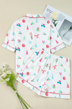 Festive White Christmas Print Short Sleeve Shirt and Shorts Pajama Set for Cozy Lounging