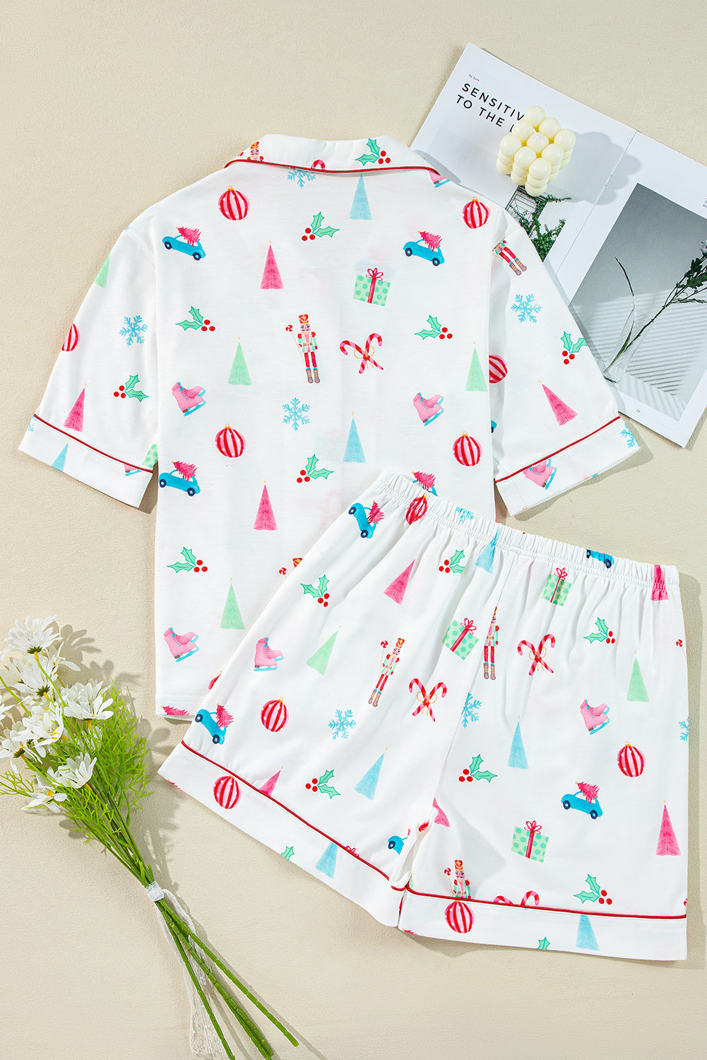 Festive White Christmas Print Short Sleeve Shirt and Shorts Pajama Set for Cozy Lounging