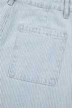 Sky Blue Stripe Button Flap Pocket Cuffed Hem Wide Leg Jeans