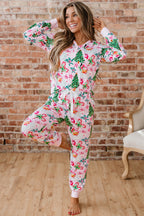 Festive Pink Christmas Pattern V-Neck Pullover & Drawstring Pants 2-Piece Lounge Set