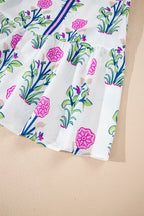 White Floral Print Contrast Striped Trim Notched Neck Long Sleeve Dress