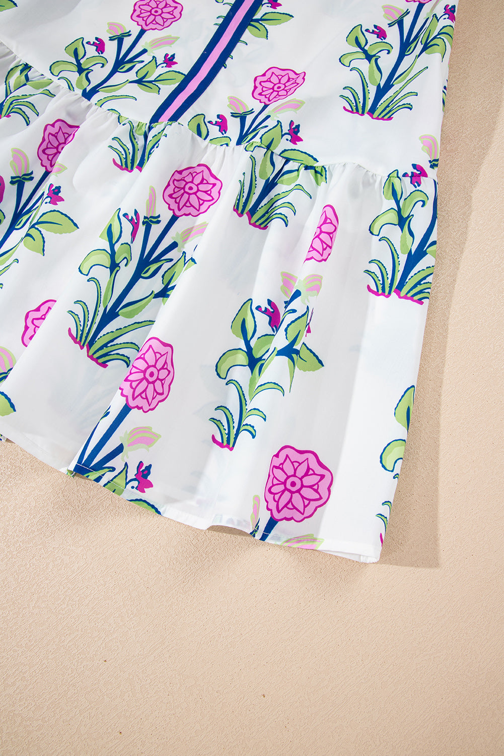 White Floral Print Contrast Striped Trim Notched Neck Long Sleeve Dress