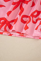 Chic Pink 2-Piece Bow Print Shirt Style Long Sleeve Pajama Set for Women