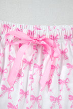 Cute Pink Bowknot Printed Short Sleeve Pajama Set with Ruffled Shorts