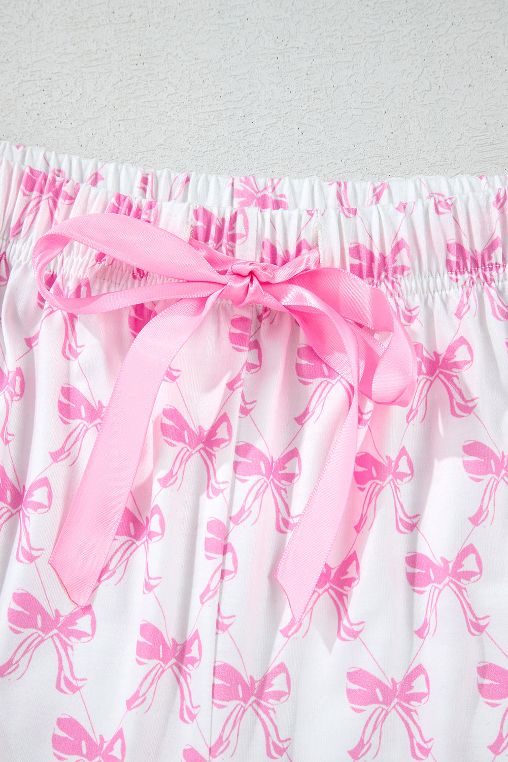 Cute Pink Bowknot Printed Short Sleeve Pajama Set with Ruffled Shorts