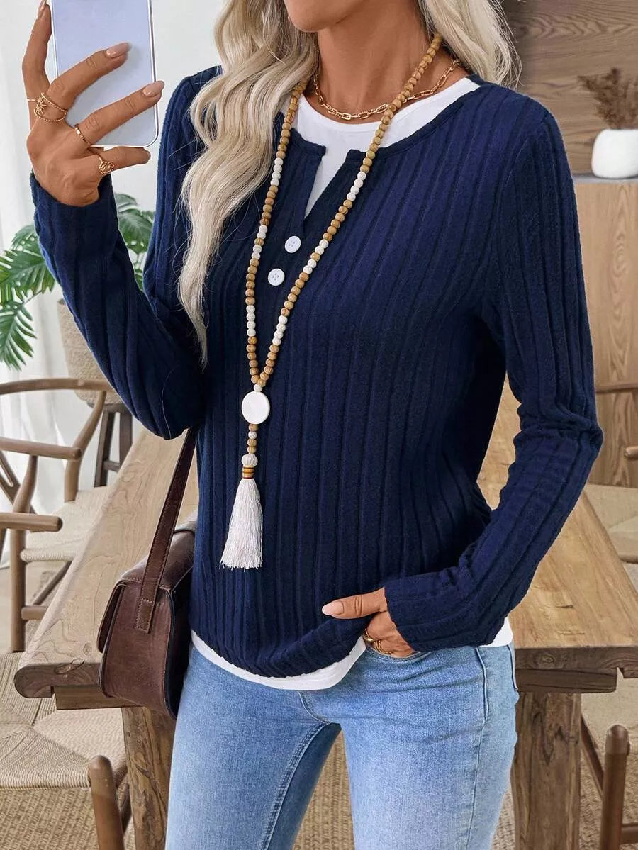 Ribbed Knit Long Sleeve Henley T-Shirt