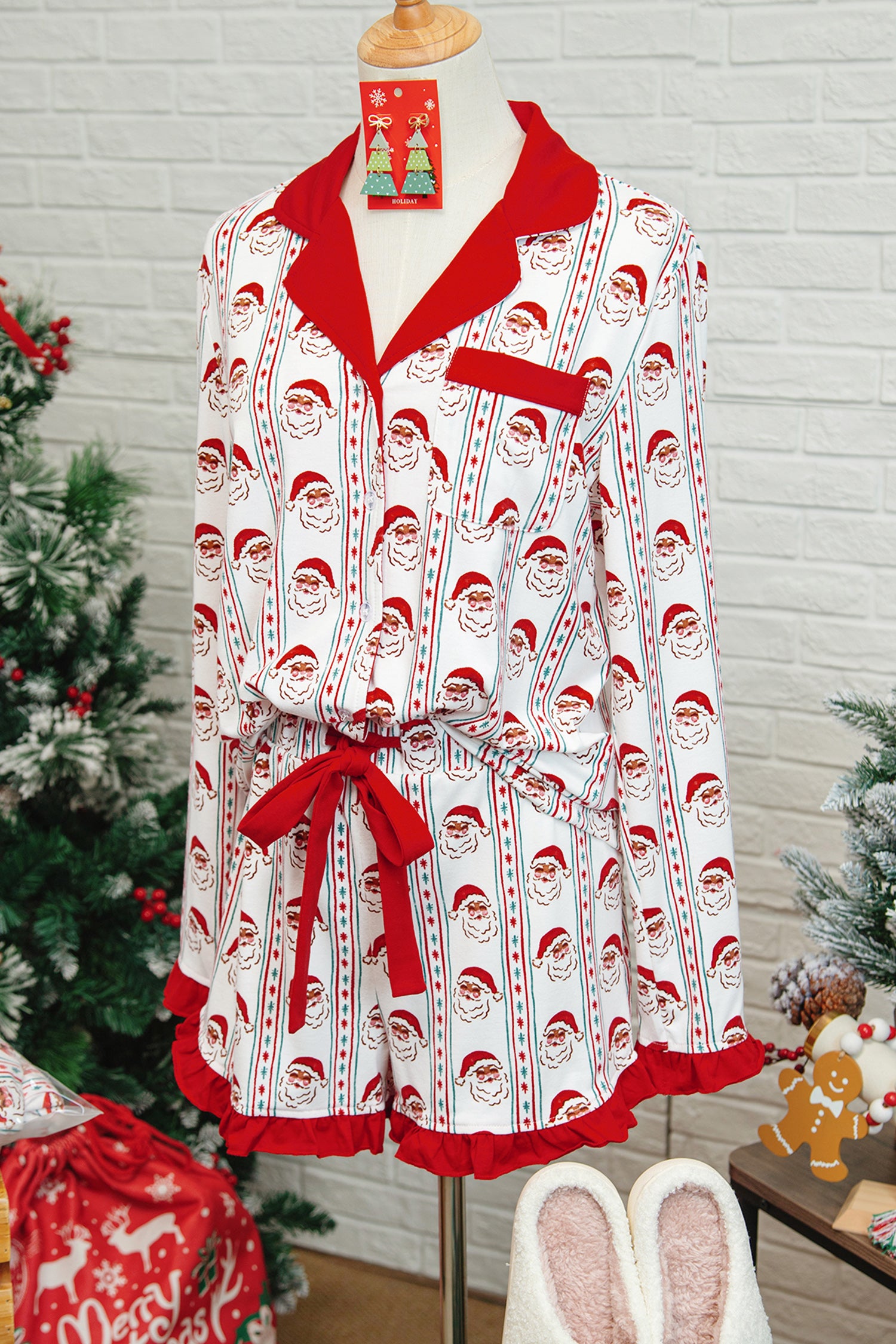 Festive White Santa & Stripes Ruffle Pajama Set for Cozy Holiday Nights