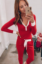 Fiery Red Contrast Trim Button V Neck Ribbon Bow Knot Waist 2pcs Lounge Pant Set