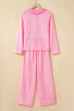 Pink Stripe Buttoned Front Long Sleeve Top and Pants 2 Piece Sleepwear