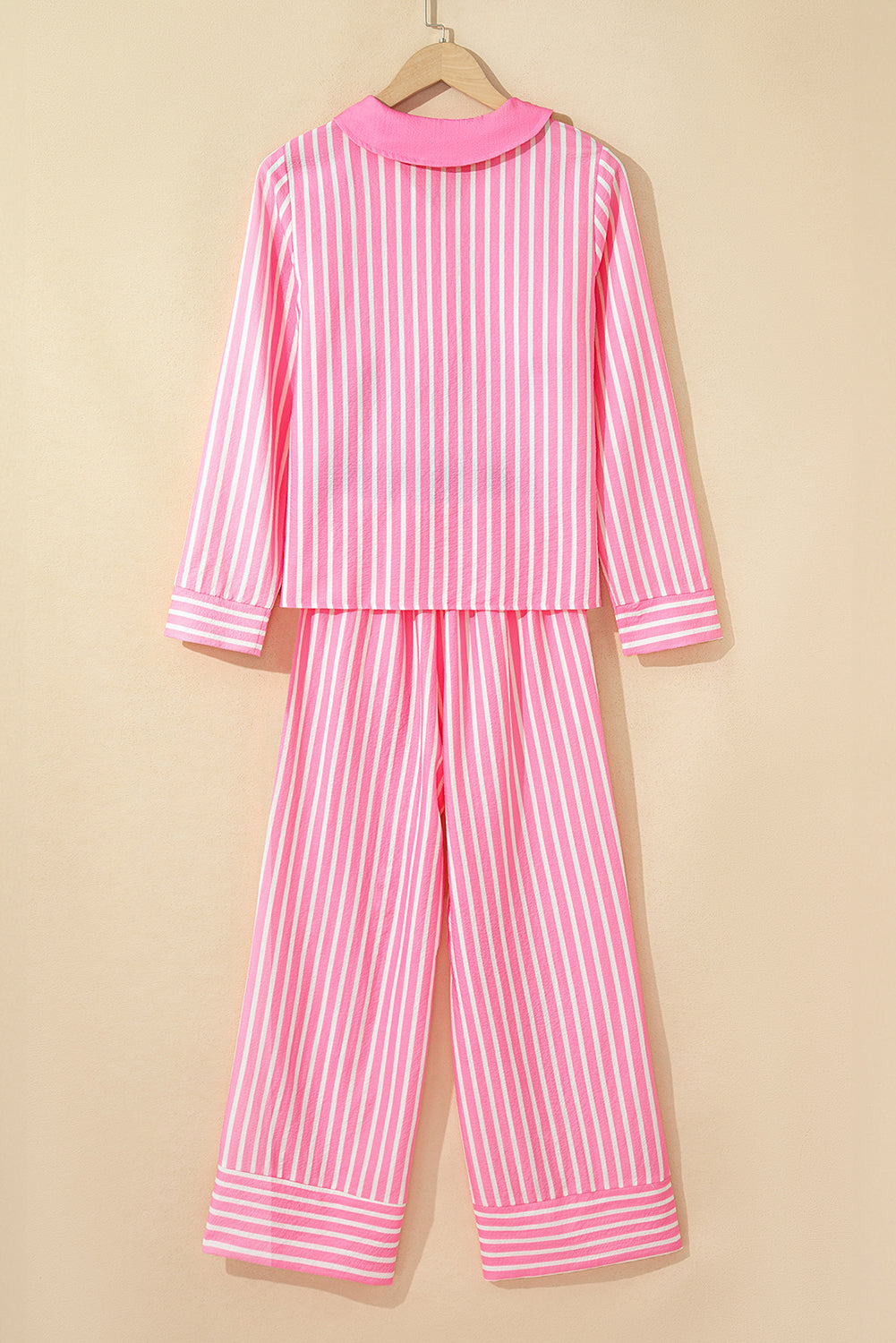 Pink Stripe Buttoned Front Long Sleeve Top and Pants 2 Piece Sleepwear
