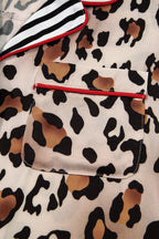 Khaki Leopard Print Colorblock Striped Edge Shirt and Pants Pajama Set