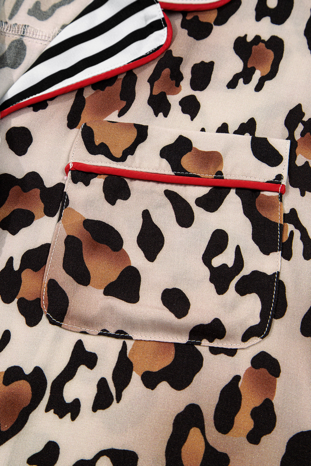 Khaki Leopard Print Colorblock Striped Edge Shirt and Pants Pajama Set