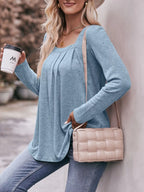 Pleated Square Neck Long Sleeve T-Shirt