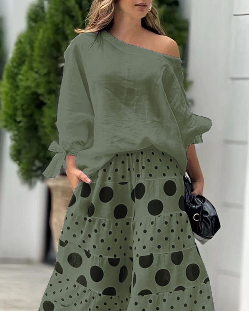 Elegant Casual Shoulder Top and Printed Pants Two-Piece Set for Daily & Holiday Wear
