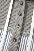 Gray Waffle Printed Patchwork Drawstring Hooded Long Sleeve Top