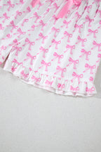 Cute Pink Bowknot Printed Short Sleeve Pajama Set with Ruffled Shorts