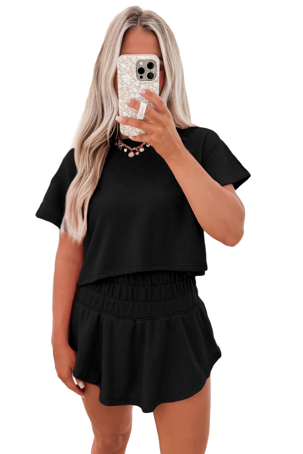 Black 2pcs Cropped Tee and Ruffle High Waist Skort Set