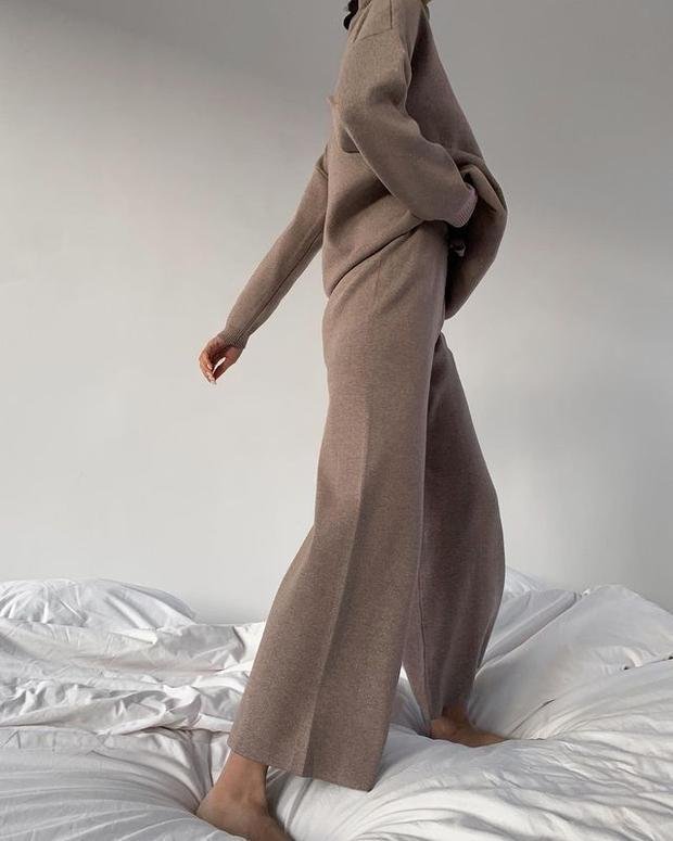 Chic Solid Color Loose Casual Knitted Two-Piece Suit - Long Sleeve Top & Pants Set