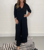 Elegant V-Neck Tie-Front Casual Two-Piece Set: Long Top and Wide-Leg Pants