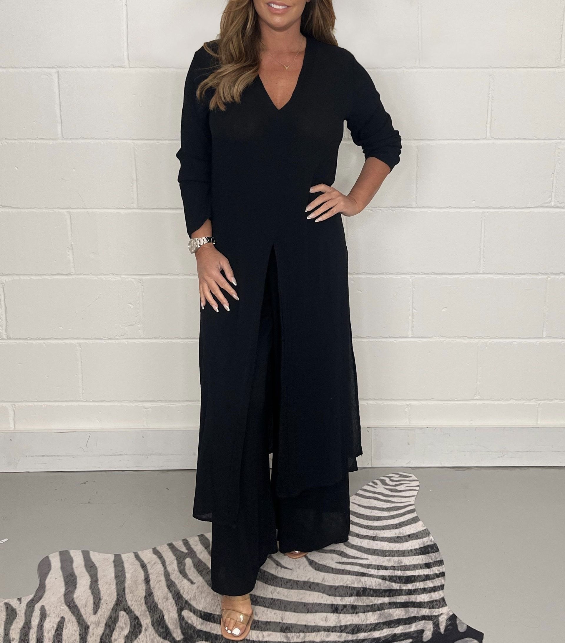 Elegant V-Neck Tie-Front Casual Two-Piece Set: Long Top and Wide-Leg Pants