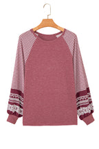 Mineral Red Contrast Print Striped Raglan Long Sleeve Loose Top
