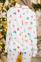 Festive White Christmas Print Lapel Shirt and Pants Sleepwear Set