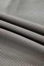 Gray Waffle Printed Patchwork Drawstring Hooded Long Sleeve Top