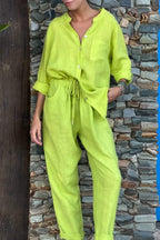 Men's Casual Solid Color V-Neck Cotton Linen Two-Piece Set - Comfortable & Breathable