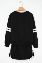Black Varsity Stripe Detail Drop Shoulder Pullover Mini Skirt Set